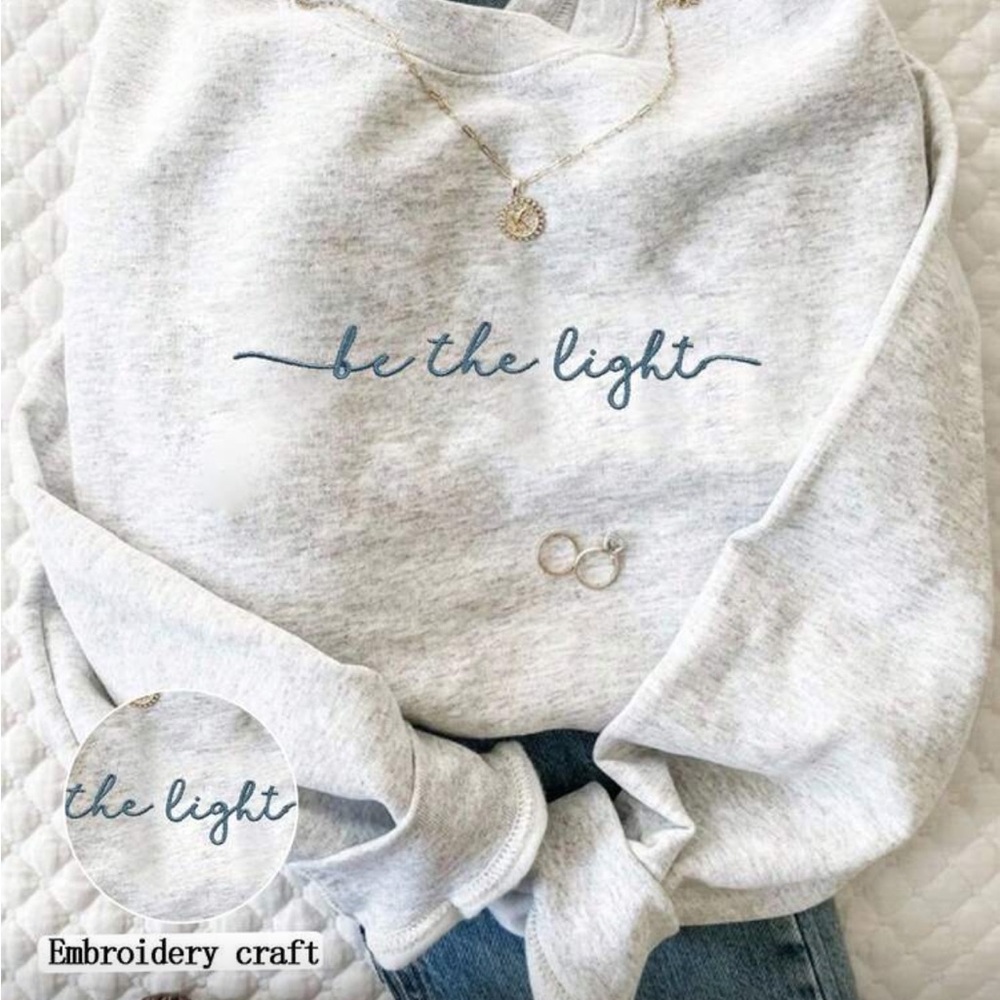Be The Light Embroidered Crewneck Sweatshirt - Light Gray